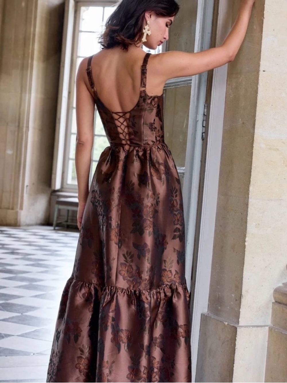 V. Chapman Brown Floral Jacquard Backless Maxi Dress